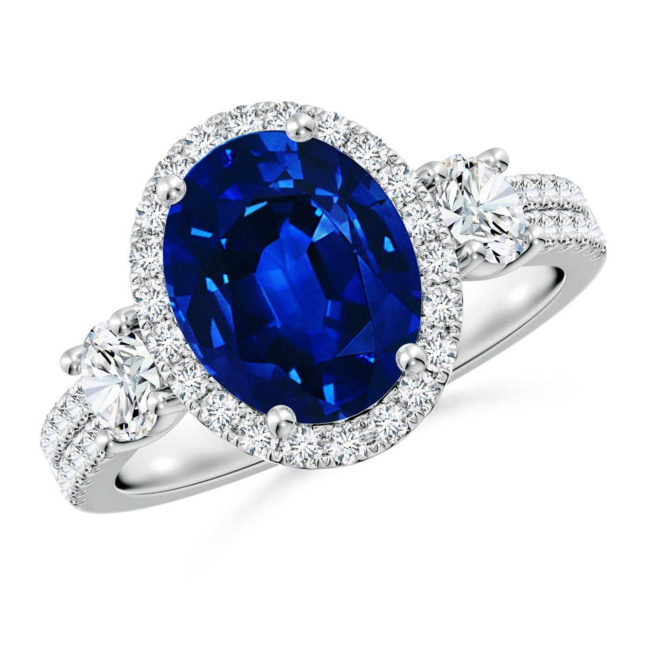 10x8mm Lab-Grown Oval Blue Sapphire Halo Double Shank Engagement Ring in 18K White Gold 