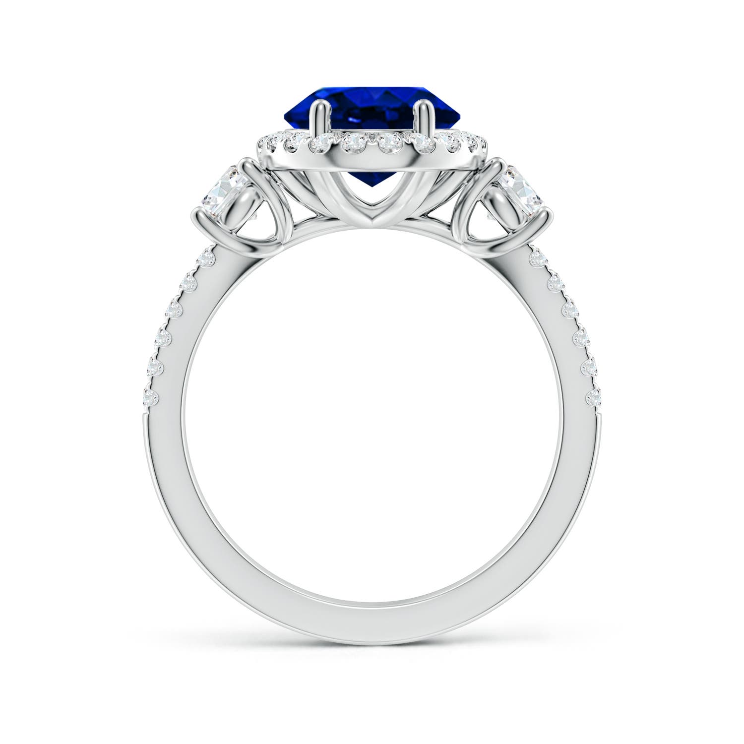 10x8mm AAAA Oval Blue Sapphire Halo Double Shank Engagement Ring in 18K White Gold