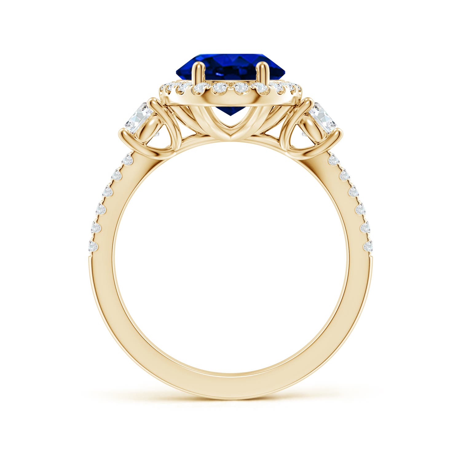 10x8mm AAAA Oval Blue Sapphire Halo Double Shank Engagement Ring in 18K Yellow Gold