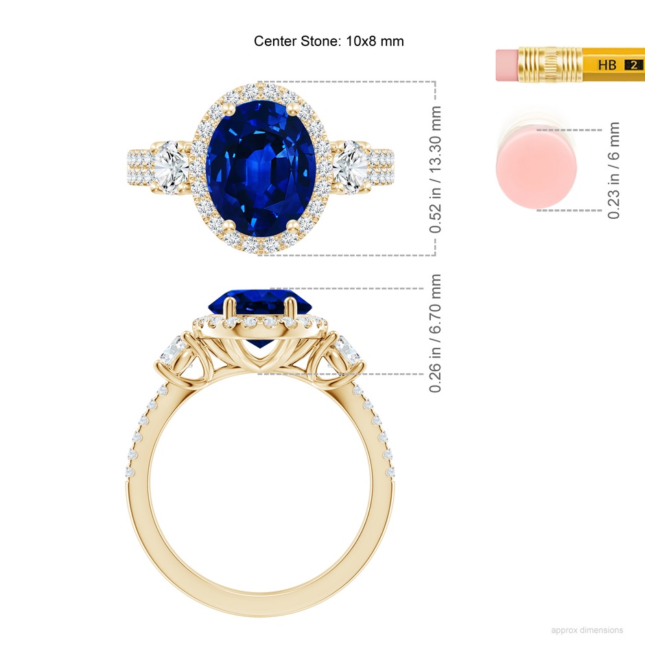 10x8mm Lab-Grown Oval Blue Sapphire Halo Double Shank Engagement Ring in 18K Yellow Gold ruler