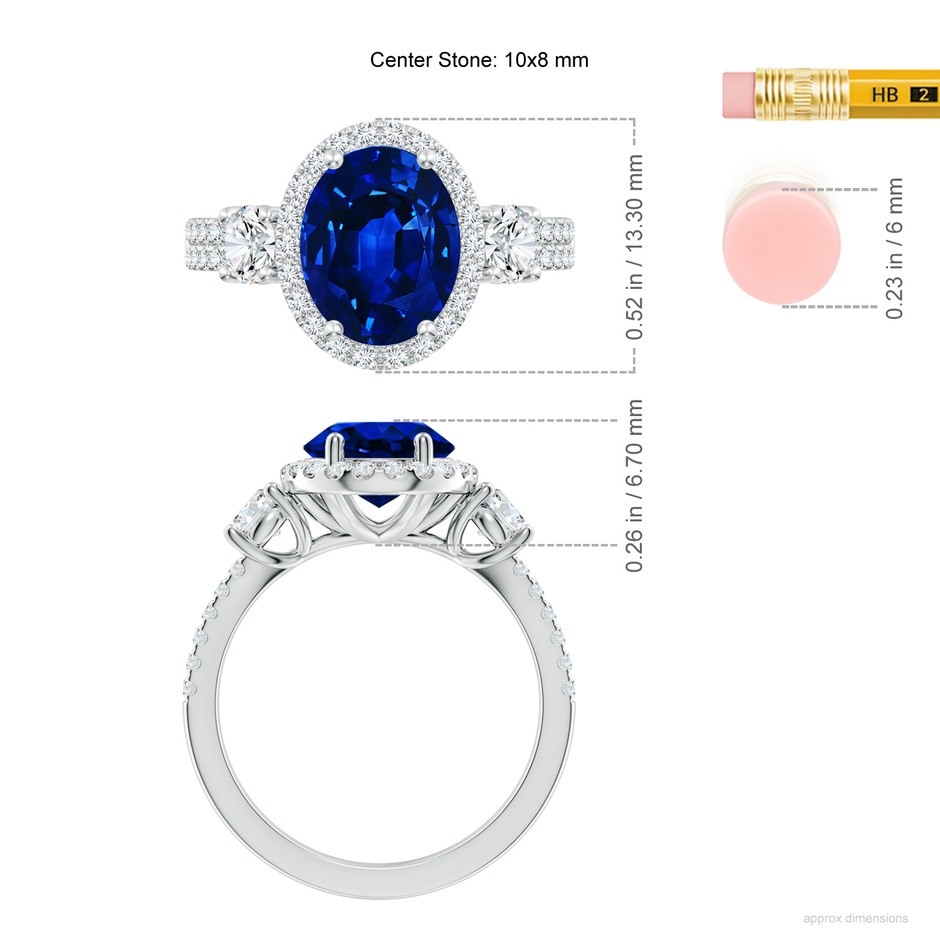 10x8mm Lab-Grown Oval Blue Sapphire Halo Double Shank Engagement Ring in White Gold ruler