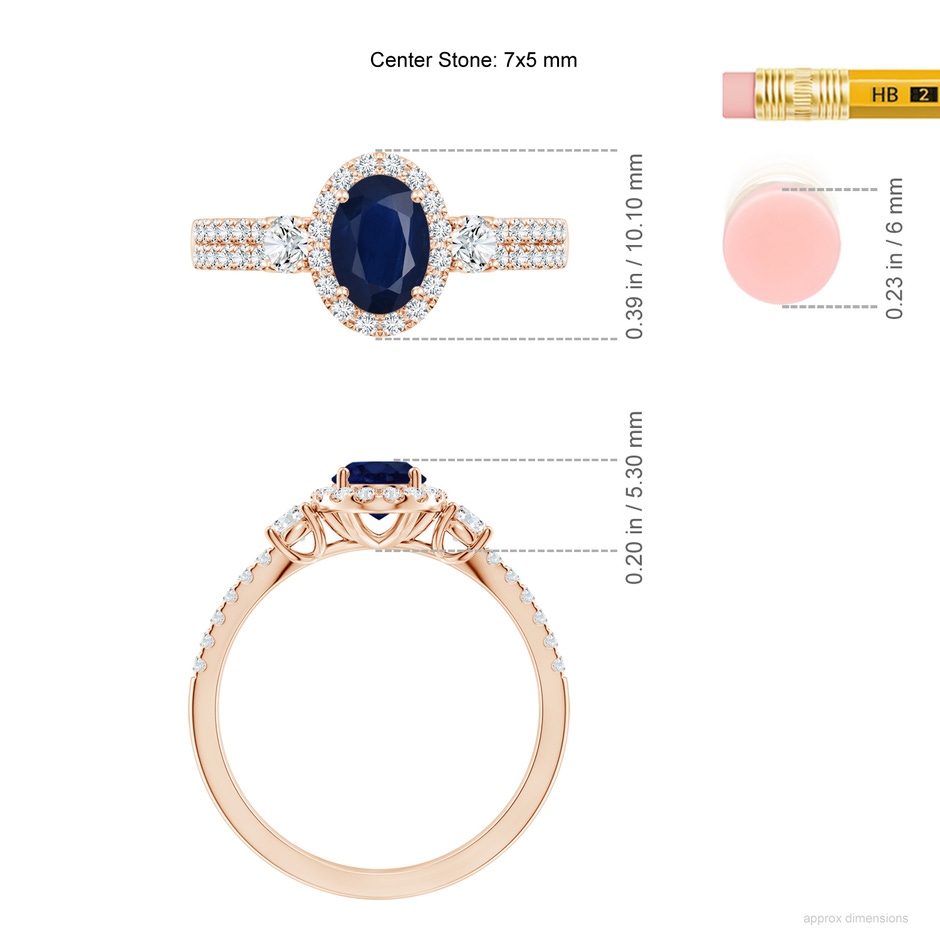 7x5mm A Oval Blue Sapphire Halo Double Shank Engagement Ring in Rose Gold ruler