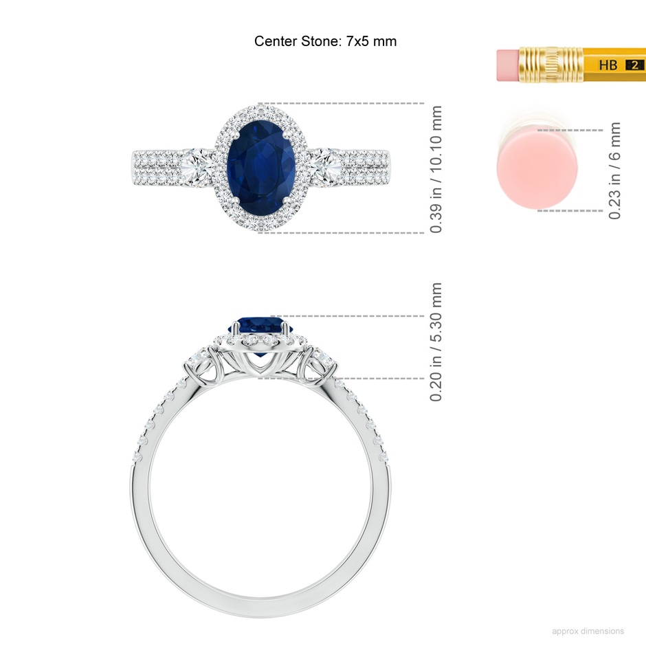 7x5mm AA Oval Blue Sapphire Halo Double Shank Engagement Ring in White Gold ruler