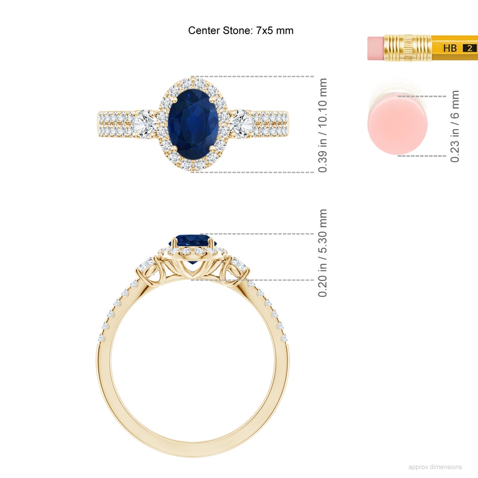 7x5mm AA Oval Blue Sapphire Halo Double Shank Engagement Ring in Yellow Gold ruler