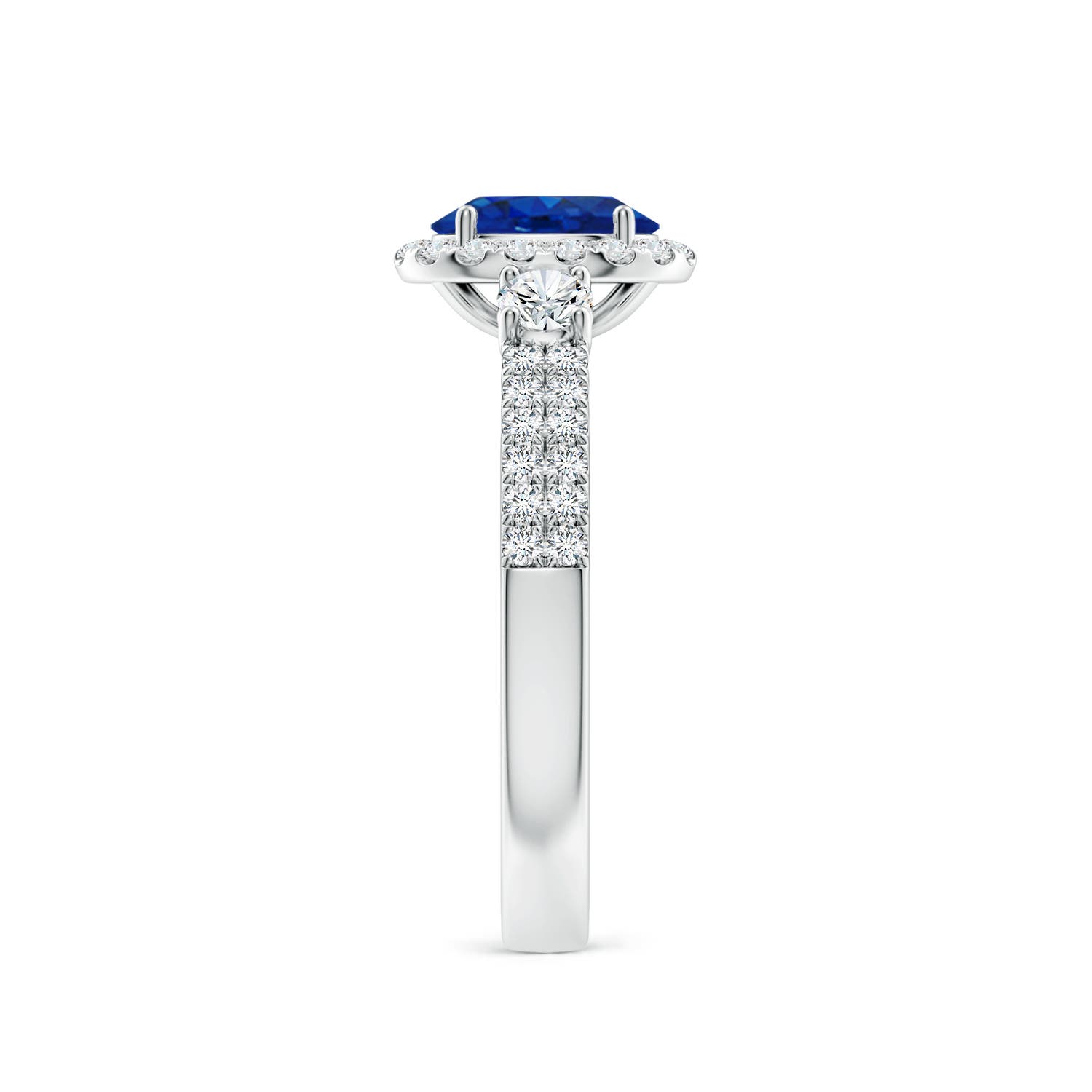7x5mm AAA Oval Blue Sapphire Halo Double Shank Engagement Ring in 18K White Gold - side 3