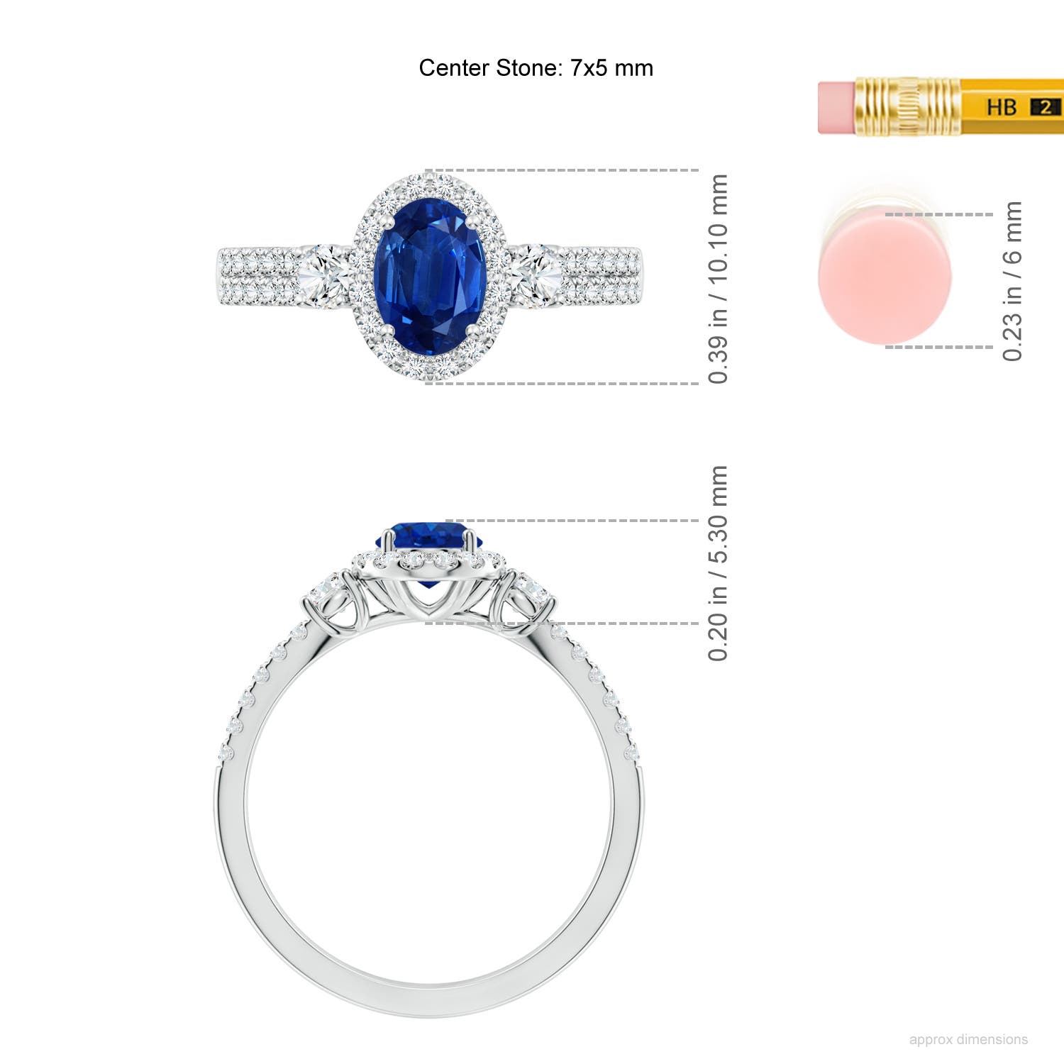 7x5mm AAA Oval Blue Sapphire Halo Double Shank Engagement Ring in 18K White Gold - ruler