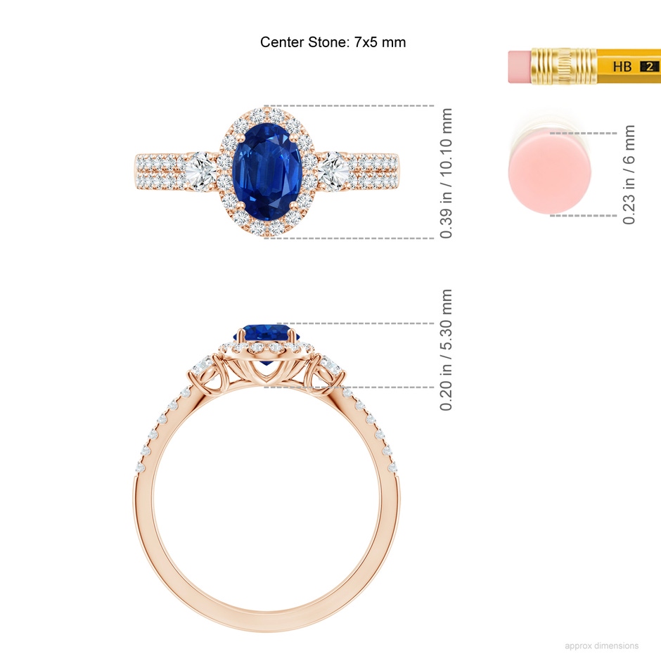 7x5mm AAA Oval Blue Sapphire Halo Double Shank Engagement Ring in Rose Gold ruler