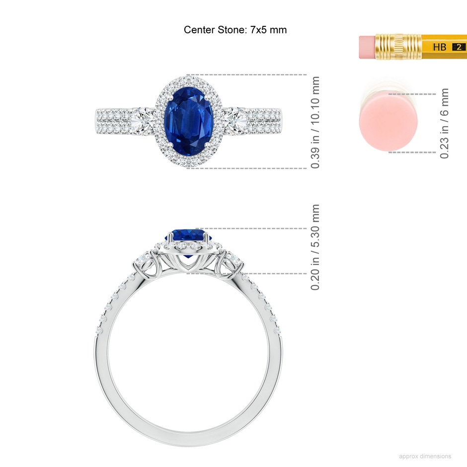 7x5mm AAA Oval Blue Sapphire Halo Double Shank Engagement Ring in White Gold ruler