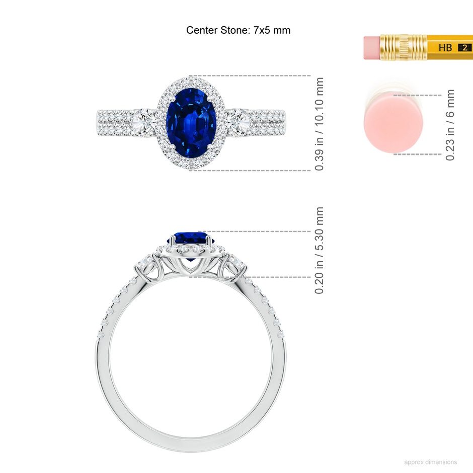 7x5mm AAAA Oval Blue Sapphire Halo Double Shank Engagement Ring in White Gold ruler