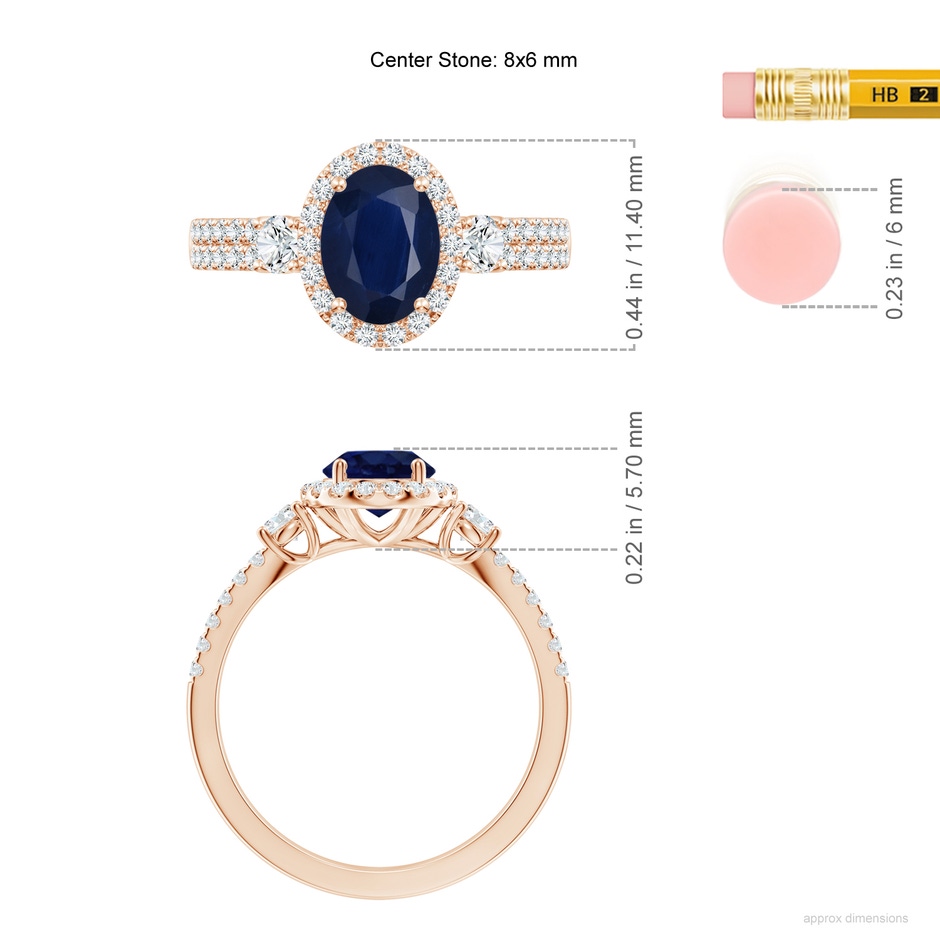 8x6mm A Oval Blue Sapphire Halo Double Shank Engagement Ring in Rose Gold ruler