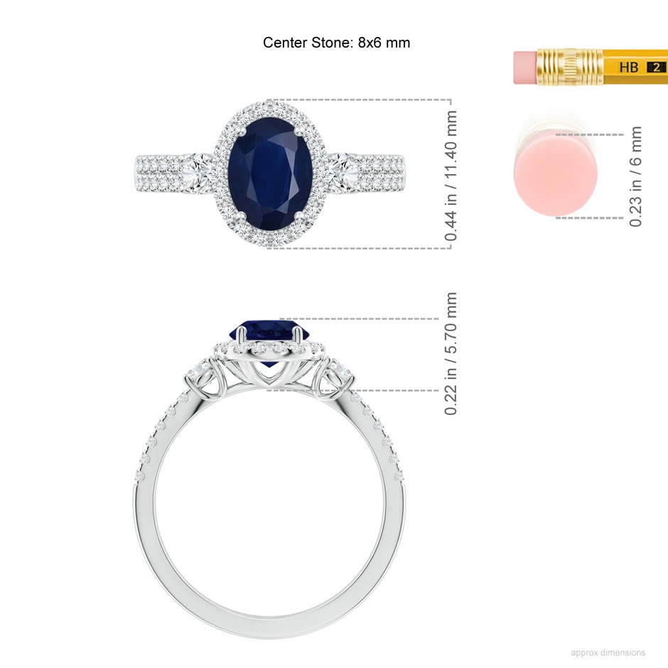 8x6mm A Oval Blue Sapphire Halo Double Shank Engagement Ring in White Gold ruler