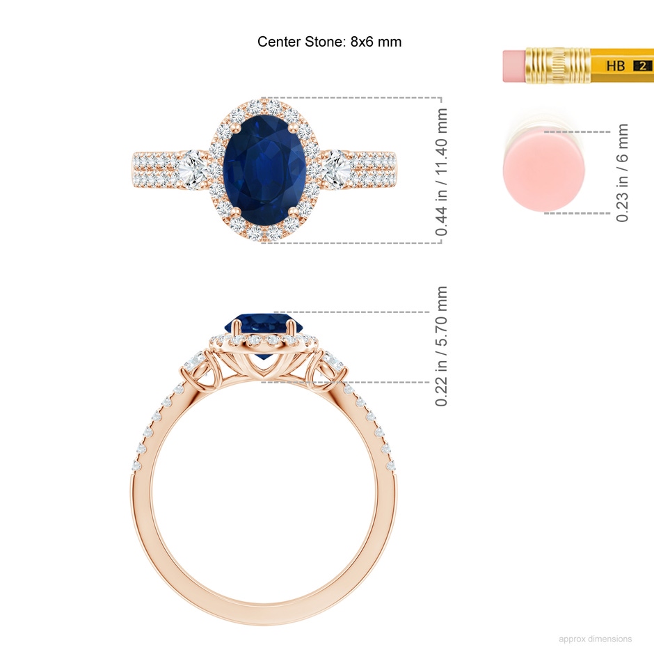 8x6mm AA Oval Blue Sapphire Halo Double Shank Engagement Ring in Rose Gold ruler
