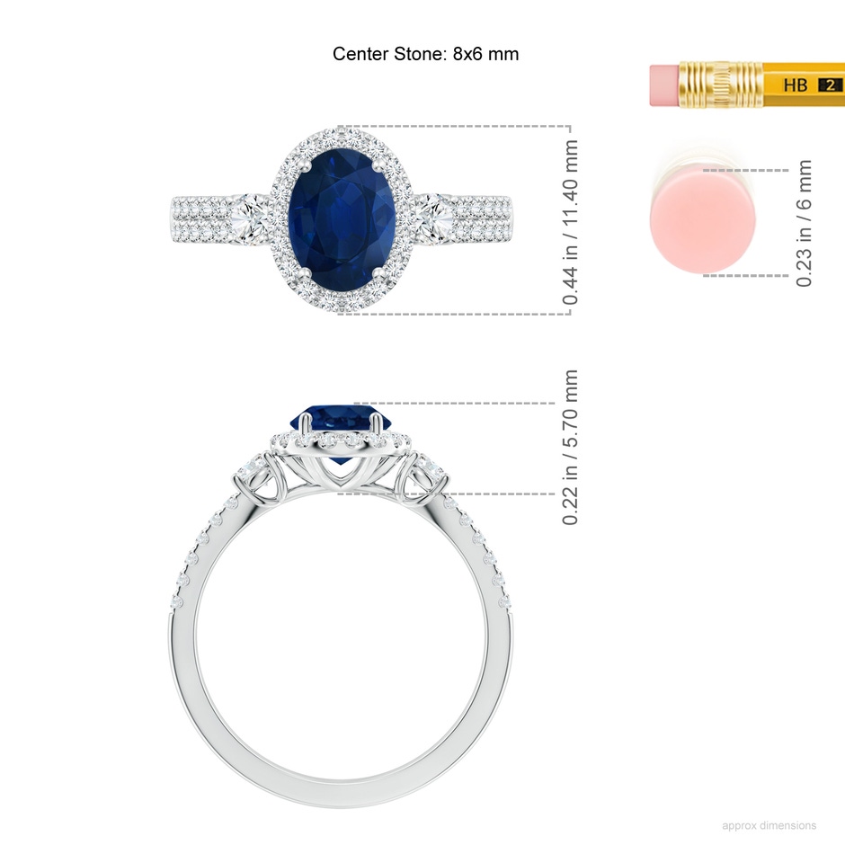 8x6mm AA Oval Blue Sapphire Halo Double Shank Engagement Ring in White Gold ruler