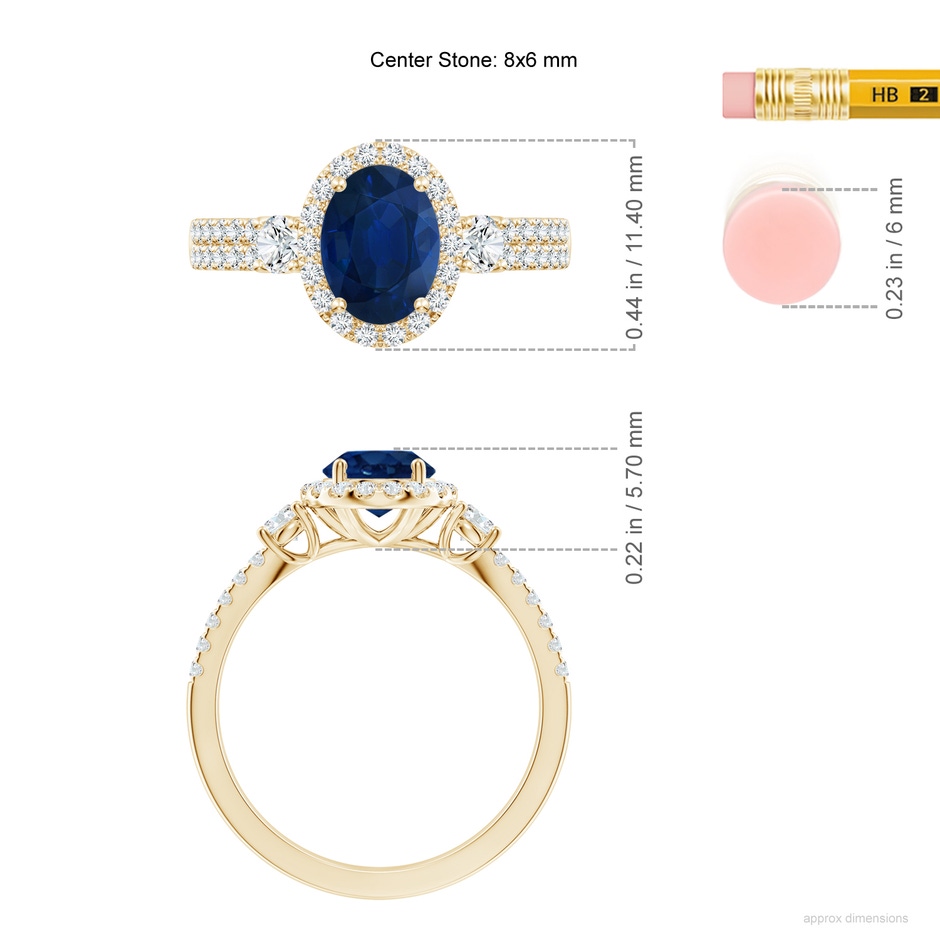 8x6mm AA Oval Blue Sapphire Halo Double Shank Engagement Ring in Yellow Gold ruler
