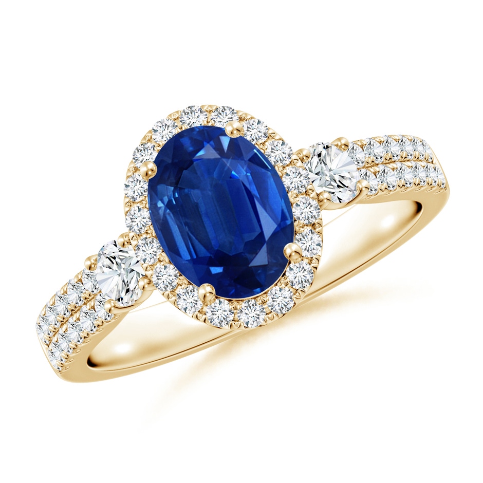 8x6mm AAA Oval Blue Sapphire Halo Double Shank Engagement Ring in Yellow Gold 