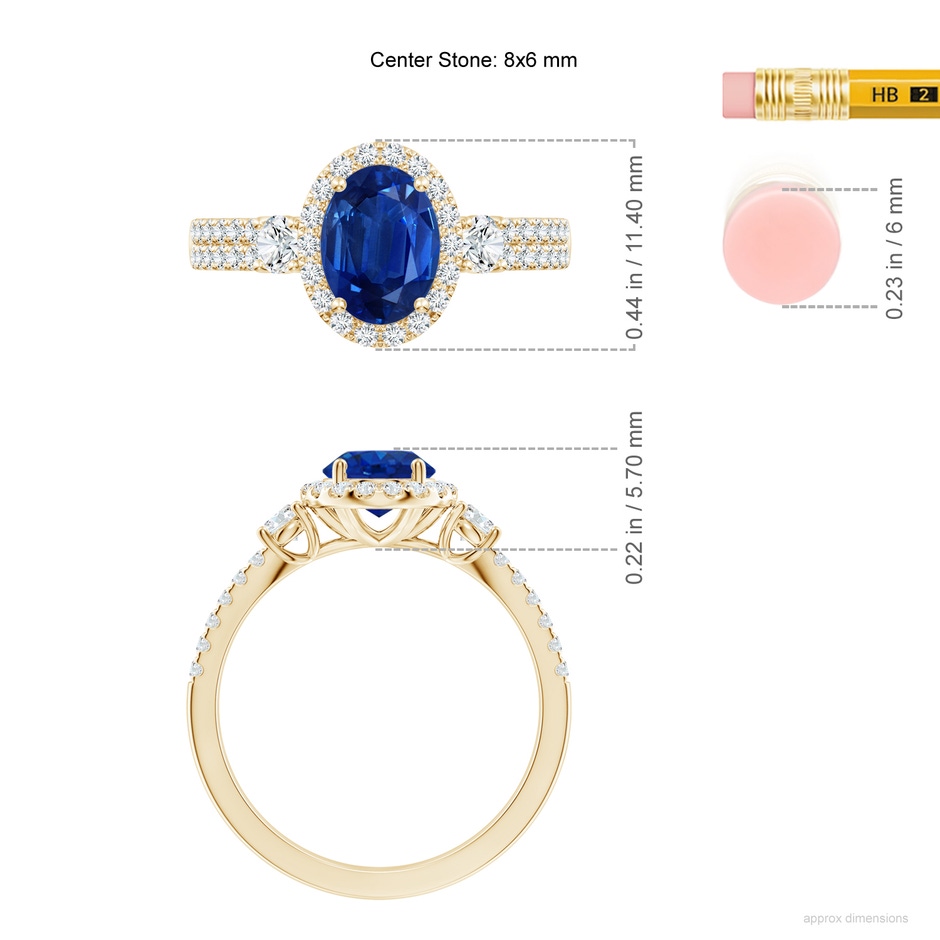 8x6mm AAA Oval Blue Sapphire Halo Double Shank Engagement Ring in Yellow Gold ruler
