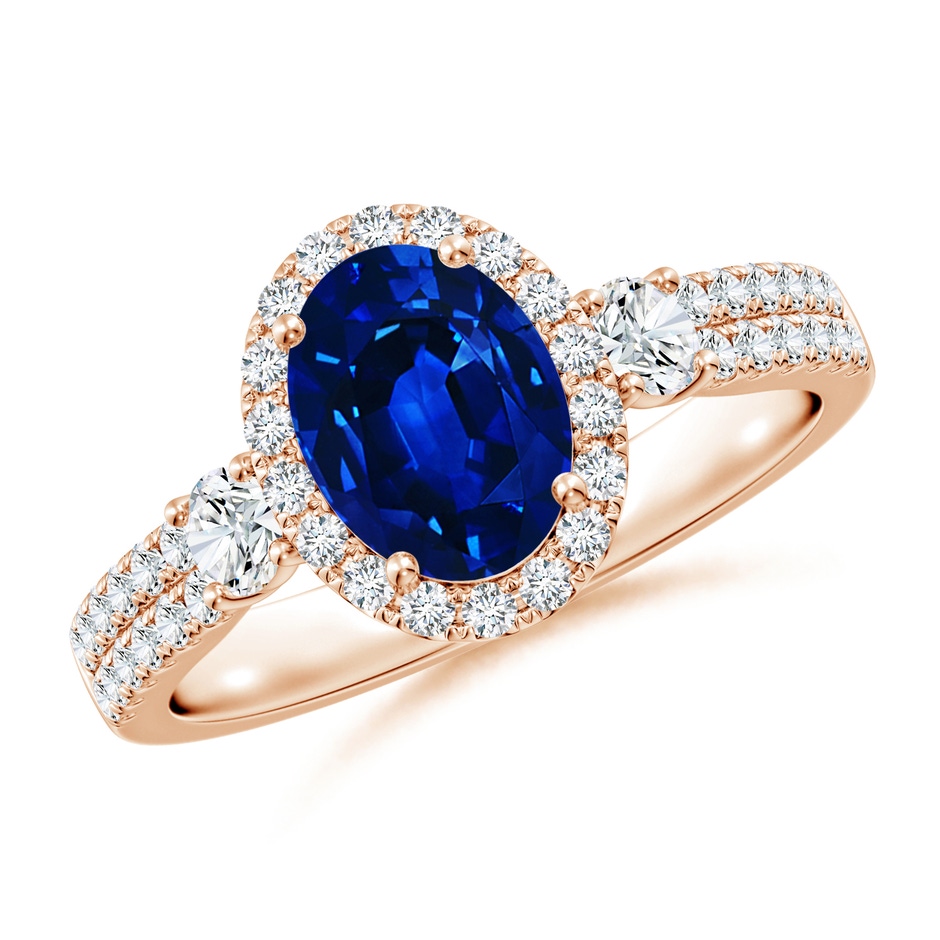 8x6mm AAAA Oval Blue Sapphire Halo Double Shank Engagement Ring in Rose Gold 