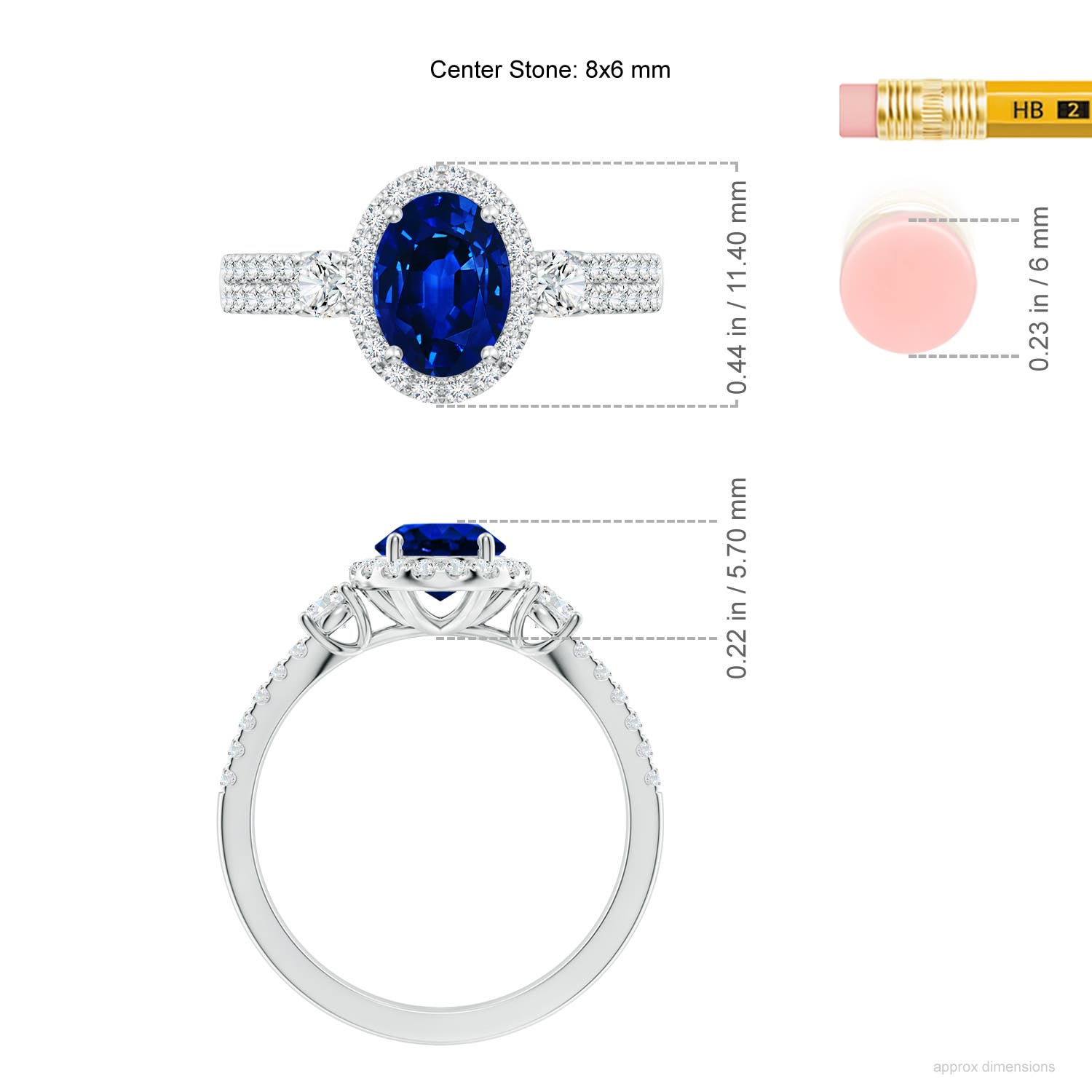 8x6mm AAAA Oval Blue Sapphire Halo Double Shank Engagement Ring in White Gold - ruler