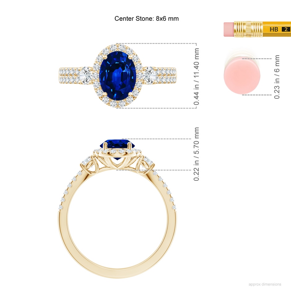 8x6mm AAAA Oval Blue Sapphire Halo Double Shank Engagement Ring in Yellow Gold ruler