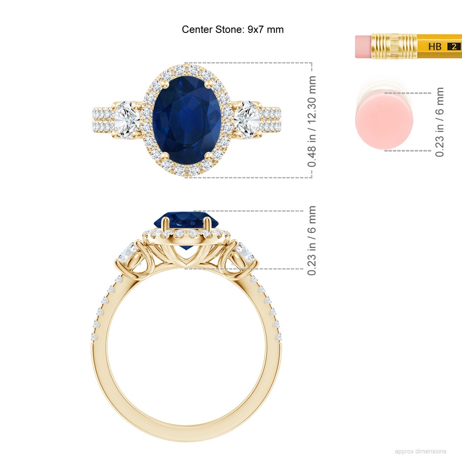 9x7mm AA Oval Blue Sapphire Halo Double Shank Engagement Ring in Yellow Gold ruler
