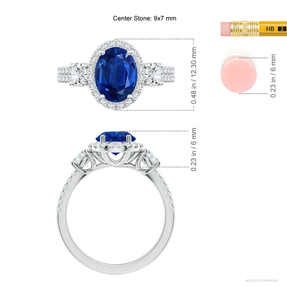 9x7mm AAA Oval Blue Sapphire Halo Double Shank Engagement Ring in P950 Platinum ruler