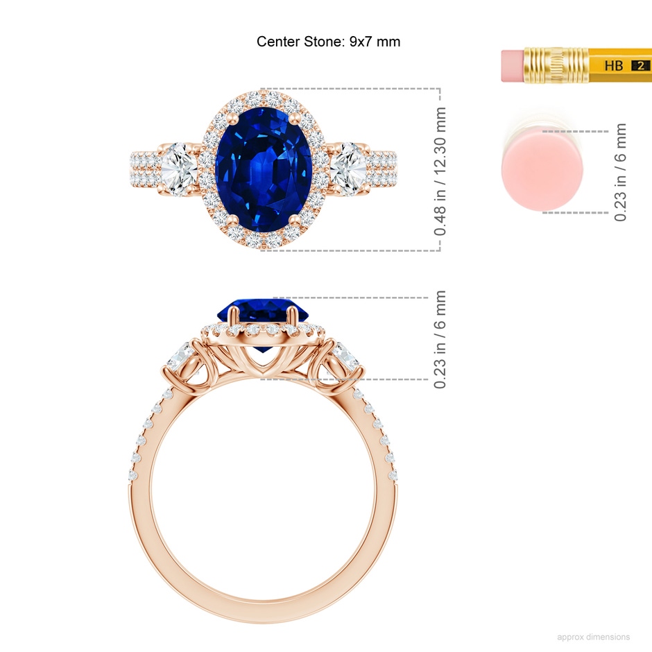9x7mm AAAA Oval Blue Sapphire Halo Double Shank Engagement Ring in 18K Rose Gold ruler