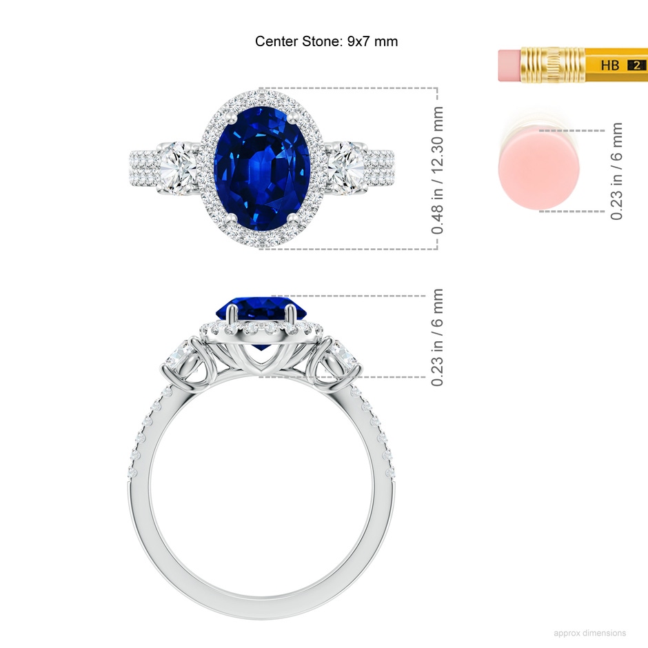9x7mm AAAA Oval Blue Sapphire Halo Double Shank Engagement Ring in P950 Platinum ruler