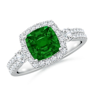 7mm AAAA Cushion Emerald Halo Double Shank Engagement Ring in P950 Platinum