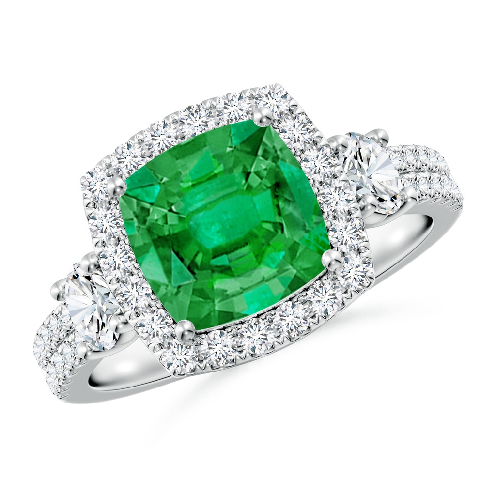 8mm AAA Cushion Emerald Halo Double Shank Engagement Ring in White Gold