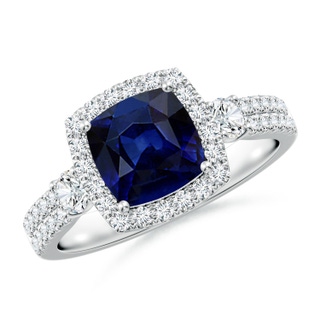 7mm AAA Cushion Blue Sapphire Halo Double Shank Engagement Ring in White Gold
