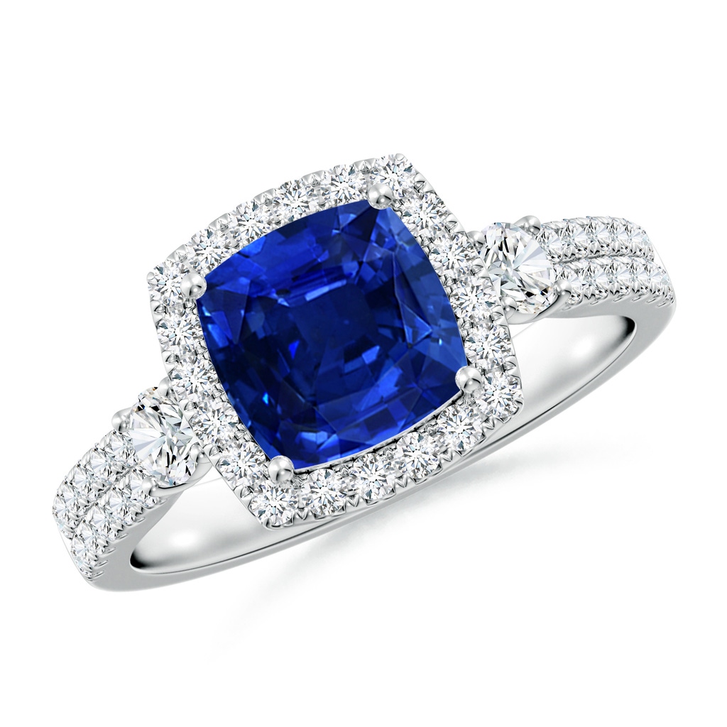 7mm Lab-Grown Cushion Blue Sapphire Halo Double Shank Engagement Ring in White Gold