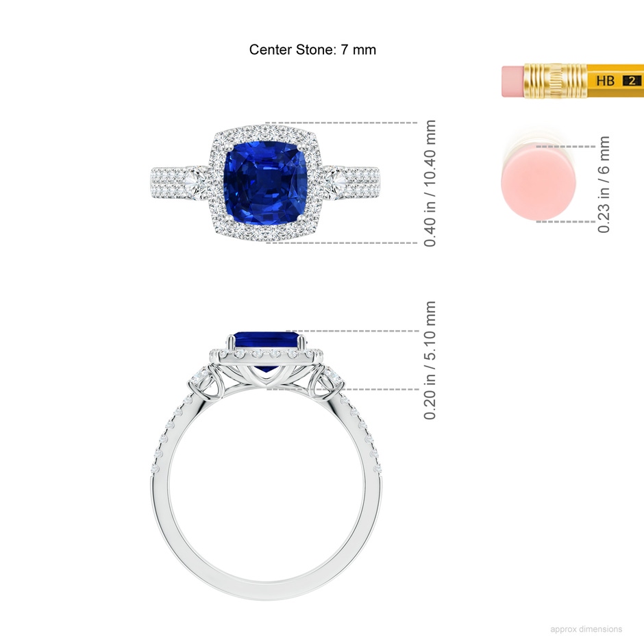 7mm Lab-Grown Cushion Blue Sapphire Halo Double Shank Engagement Ring in White Gold ruler