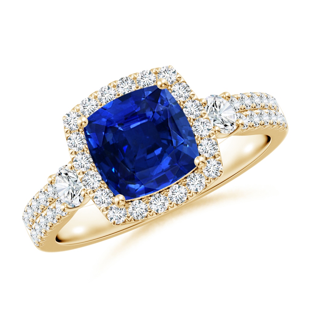 7mm Lab-Grown Cushion Blue Sapphire Halo Double Shank Engagement Ring in Yellow Gold