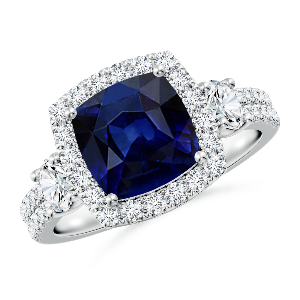 8mm AAA Cushion Blue Sapphire Halo Double Shank Engagement Ring in White Gold