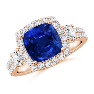 8mm AAAA Cushion Blue Sapphire Halo Double Shank Engagement Ring in Rose Gold