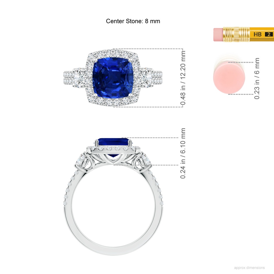 8mm Lab-Grown Cushion Blue Sapphire Halo Double Shank Engagement Ring in White Gold ruler