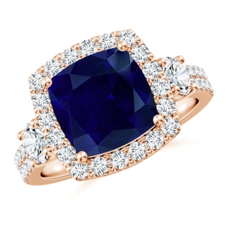 9mm AA Cushion Blue Sapphire Halo Double Shank Engagement Ring in 9K Rose Gold