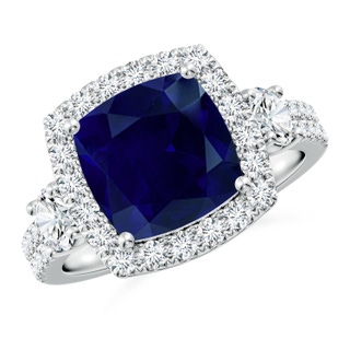 9mm AA Cushion Blue Sapphire Halo Double Shank Engagement Ring in P950 Platinum