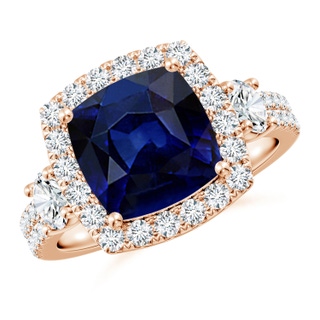 9mm AAA Cushion Blue Sapphire Halo Double Shank Engagement Ring in Rose Gold