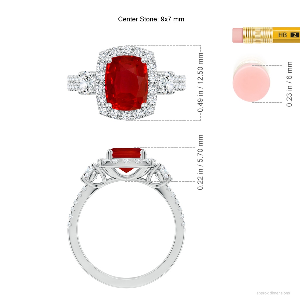 9x7mm AAA Cushion Rectangular Ruby Halo Double Shank Engagement Ring in White Gold ruler