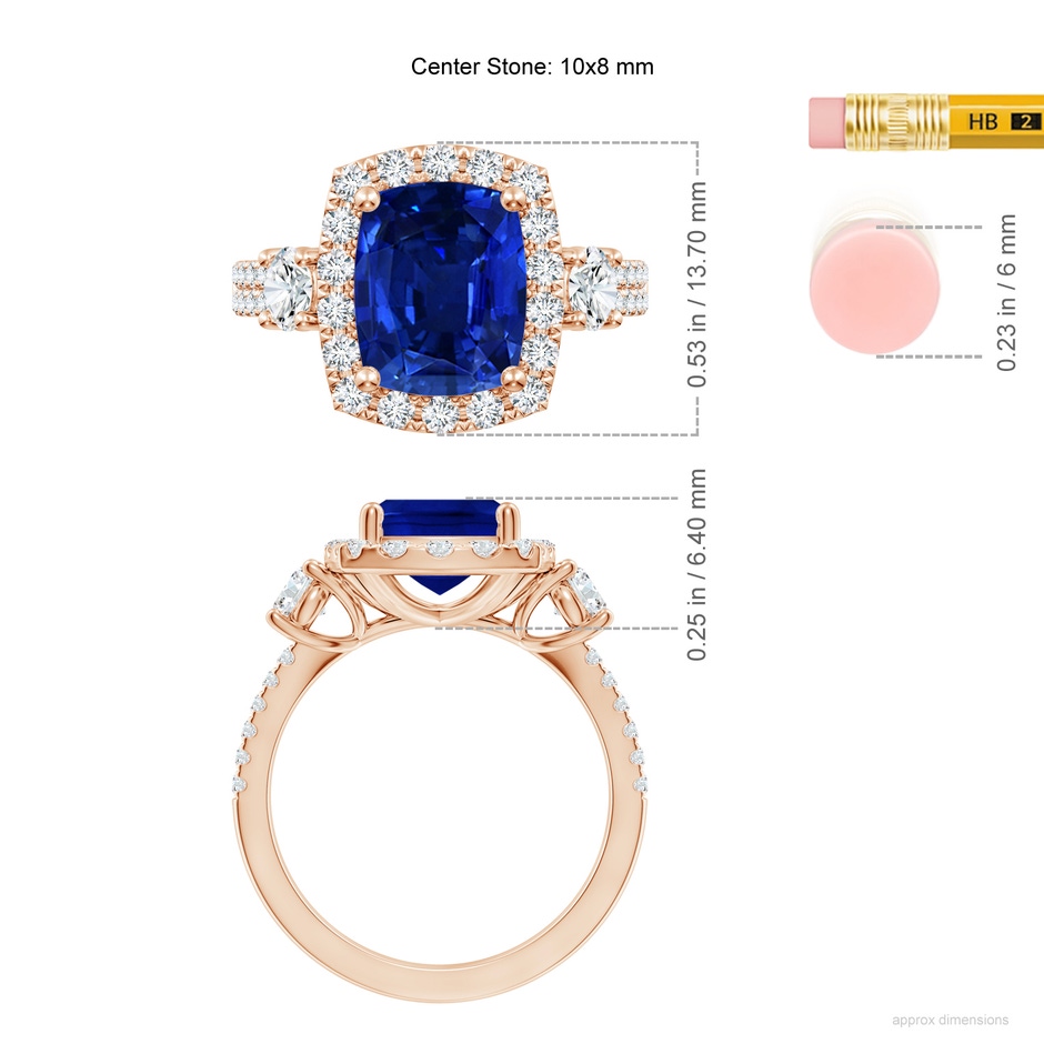 10x8mm Lab-Grown Cushion Rectangular Blue Sapphire Halo Double Shank Engagement Ring in Rose Gold ruler