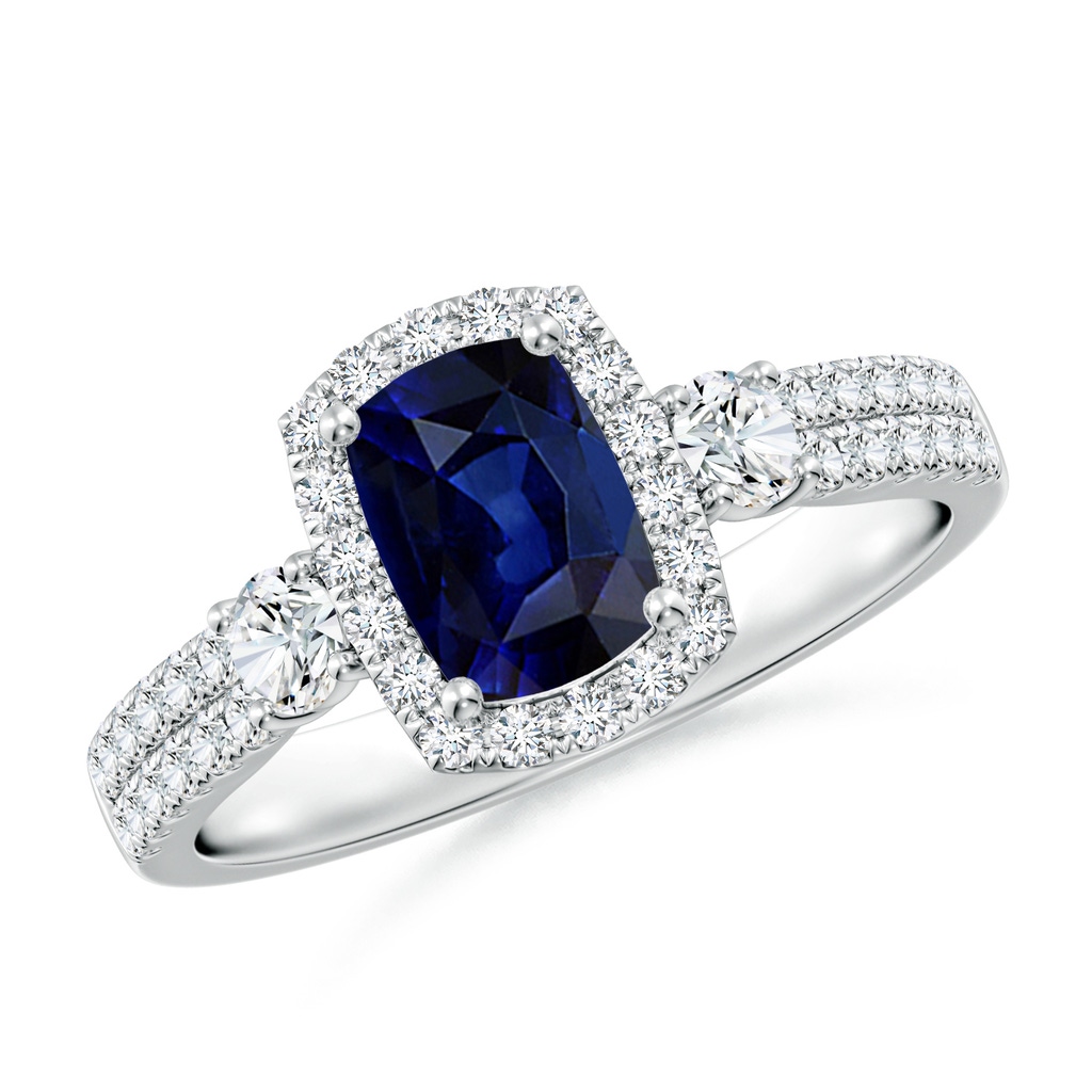 7x5mm AAA Cushion Rectangular Blue Sapphire Halo Double Shank Engagement Ring in 18K White Gold