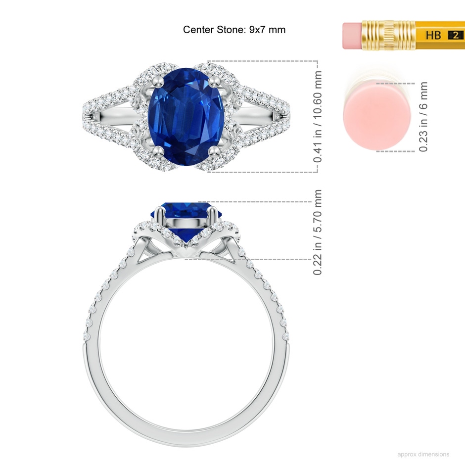 9x7mm AAA Classic Oval Blue Sapphire Couture Engagement Ring in White Gold ruler