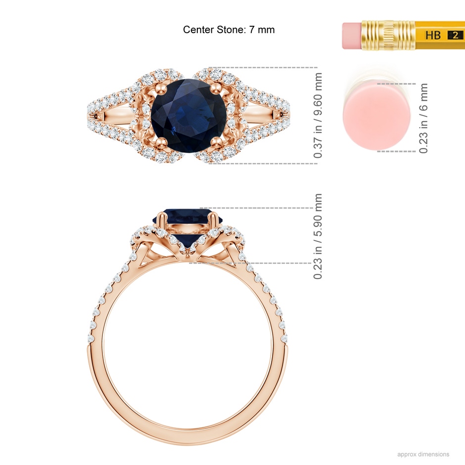 7mm A Classic Round Blue Sapphire Couture Engagement Ring in Rose Gold ruler