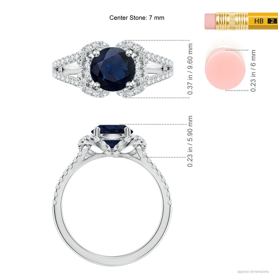 7mm A Classic Round Blue Sapphire Couture Engagement Ring in White Gold ruler