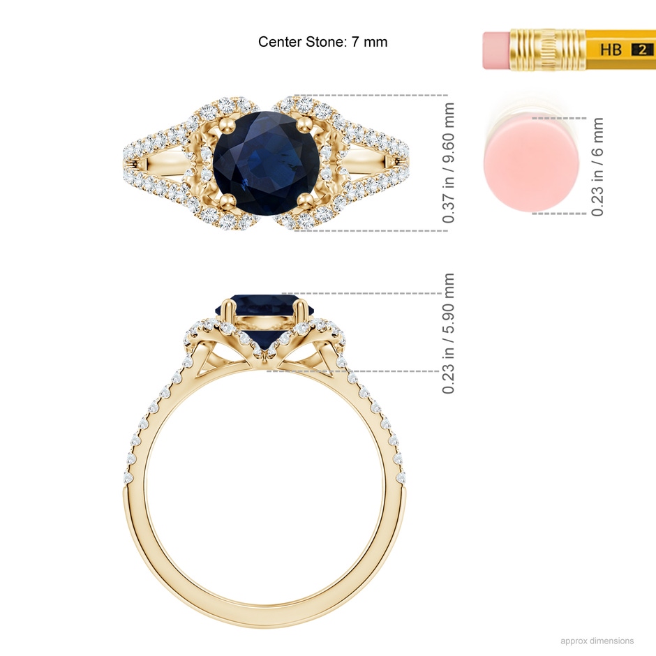 7mm A Classic Round Blue Sapphire Couture Engagement Ring in Yellow Gold ruler