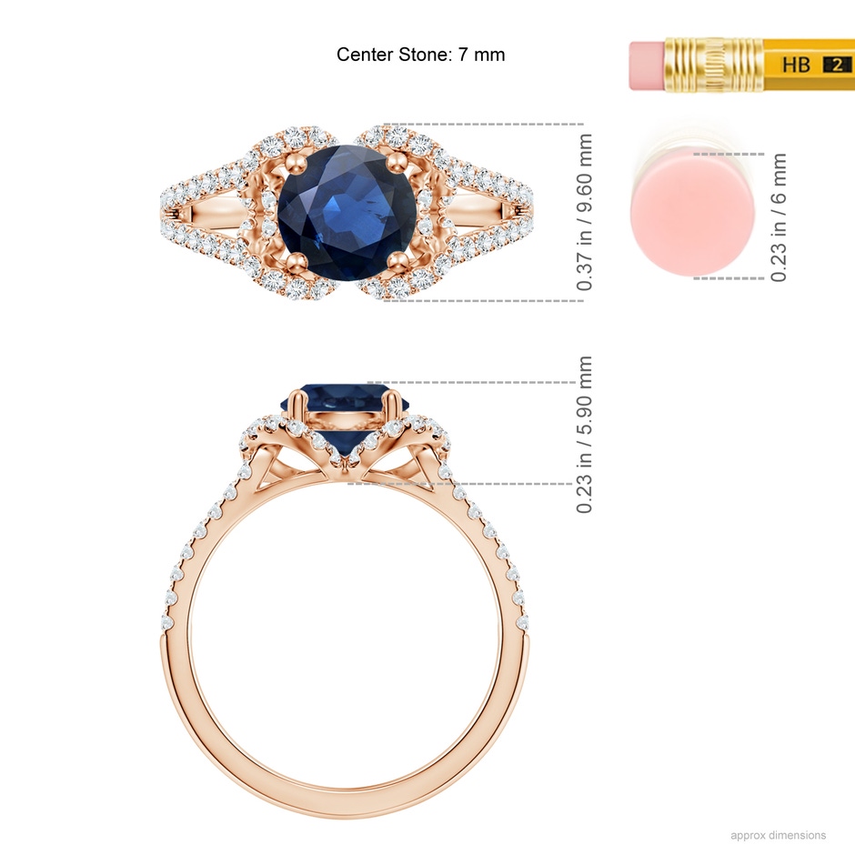 7mm AA Classic Round Blue Sapphire Couture Engagement Ring in Rose Gold ruler