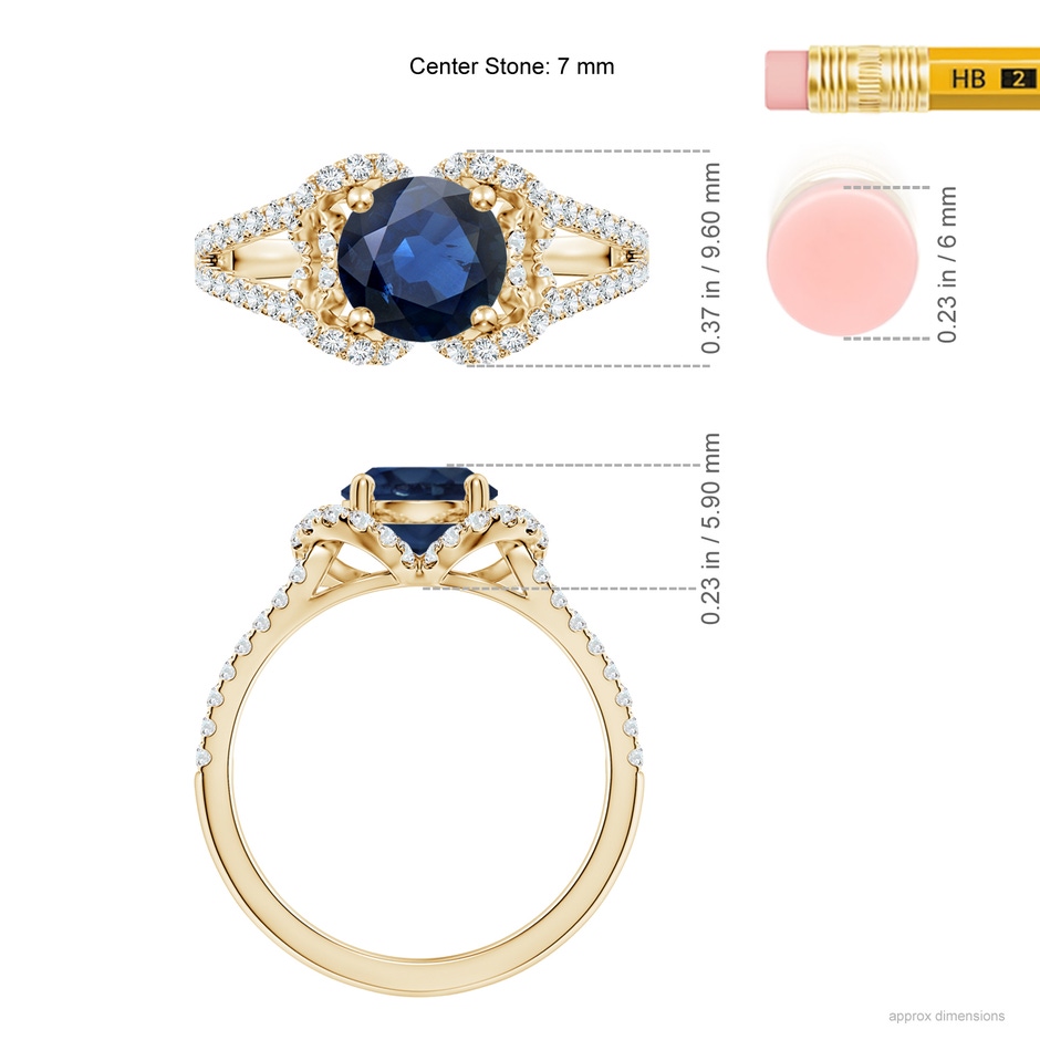 7mm AA Classic Round Blue Sapphire Couture Engagement Ring in Yellow Gold ruler