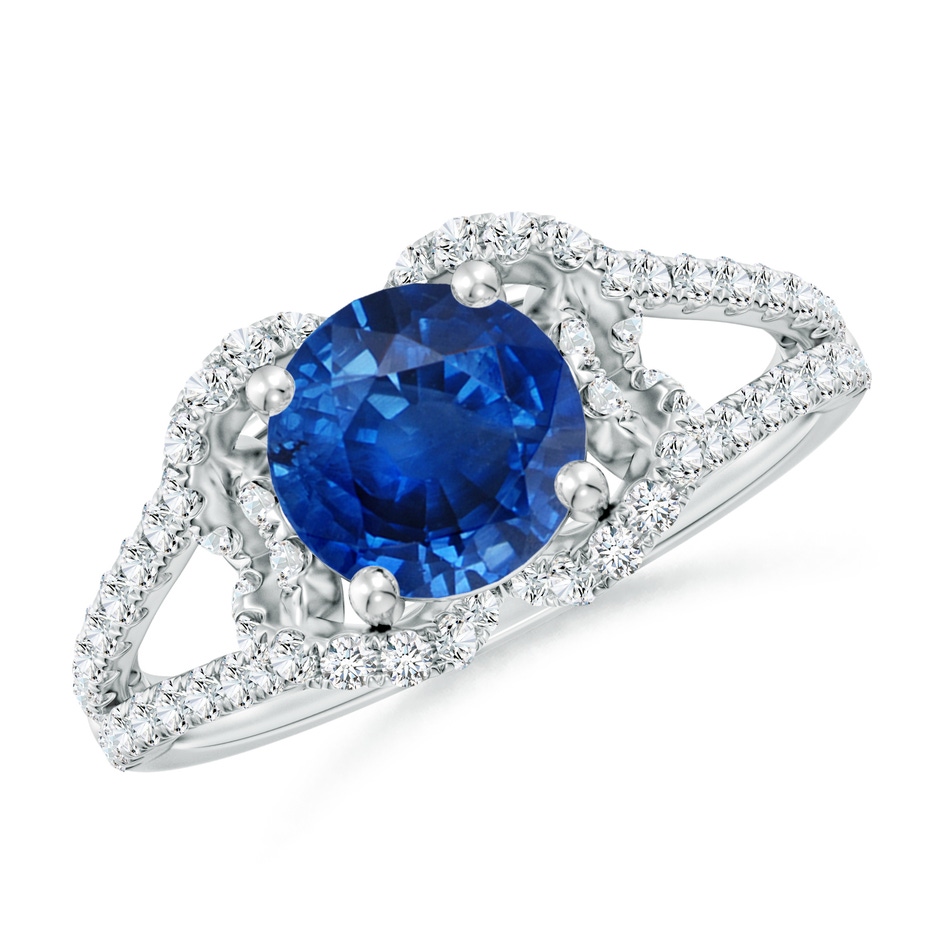 7mm AAA Classic Round Blue Sapphire Couture Engagement Ring in 18K White Gold 