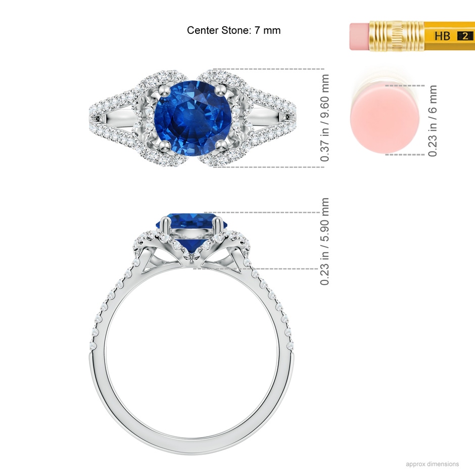 7mm AAA Classic Round Blue Sapphire Couture Engagement Ring in 18K White Gold ruler